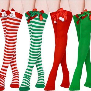 4 Pairs Christmas Thigh High Socks Striped
